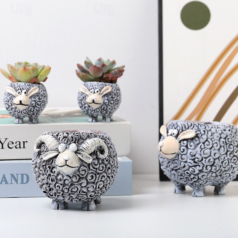 2pcs/set Planter Pots Resin Figurine for Succulent, Cartoon Sheep and Goat Design, Creative Garden Yard Decor, Cute Animal Planter for Outdoor Indoor Use, Resin Potted Ornament