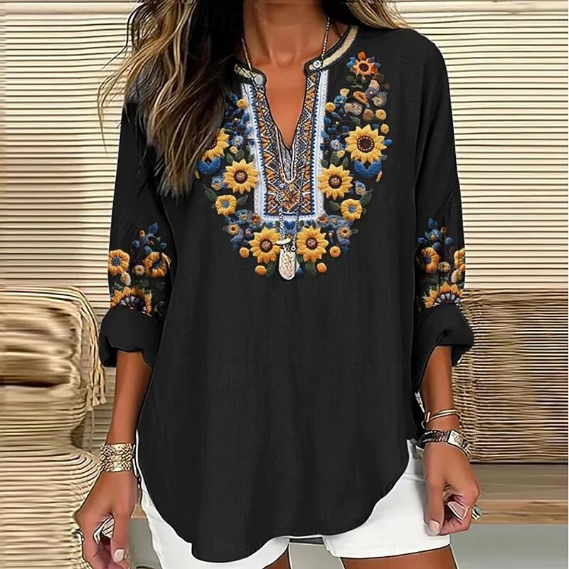 Women's Blouse Tunic V Neck Long Sleeve Boho Casual Tops Floral Graphic Bohemia Vintage Tropical Regular Tops Daily Vacation Wear Print Black White Blue Sky Blue Khaki