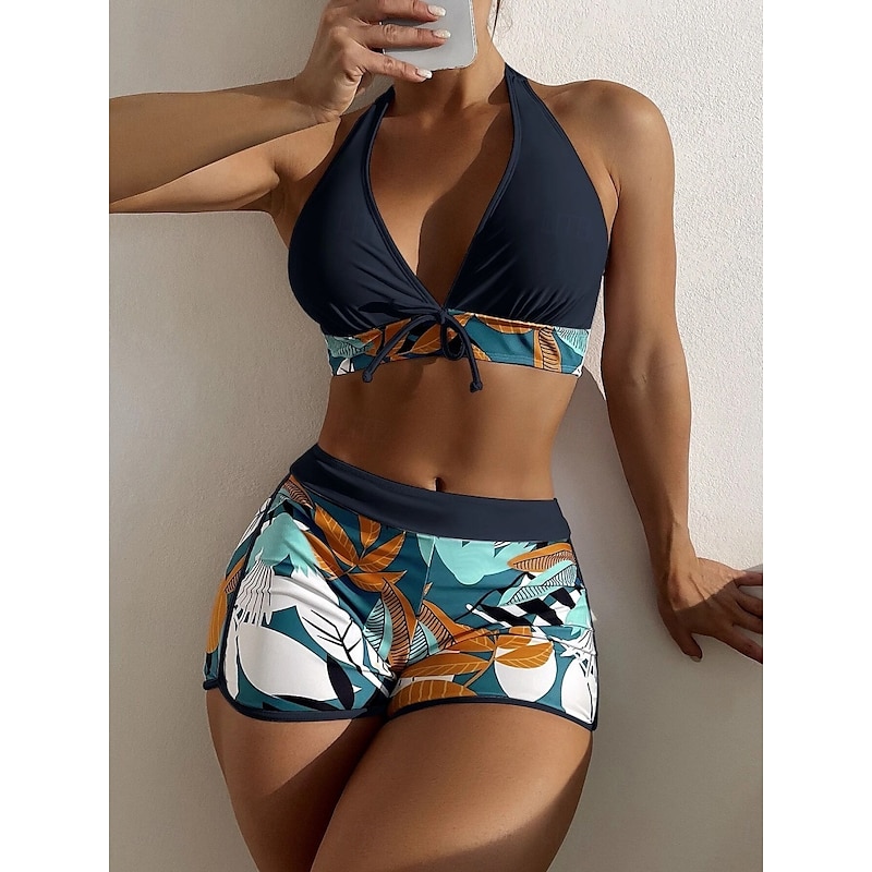 Women's Swimsuits Bikini 2 Piece Shorts Swimsuit Backless Slim Vacation Beach Wear Floral Halter Neck Sleeveless Bathing Suits