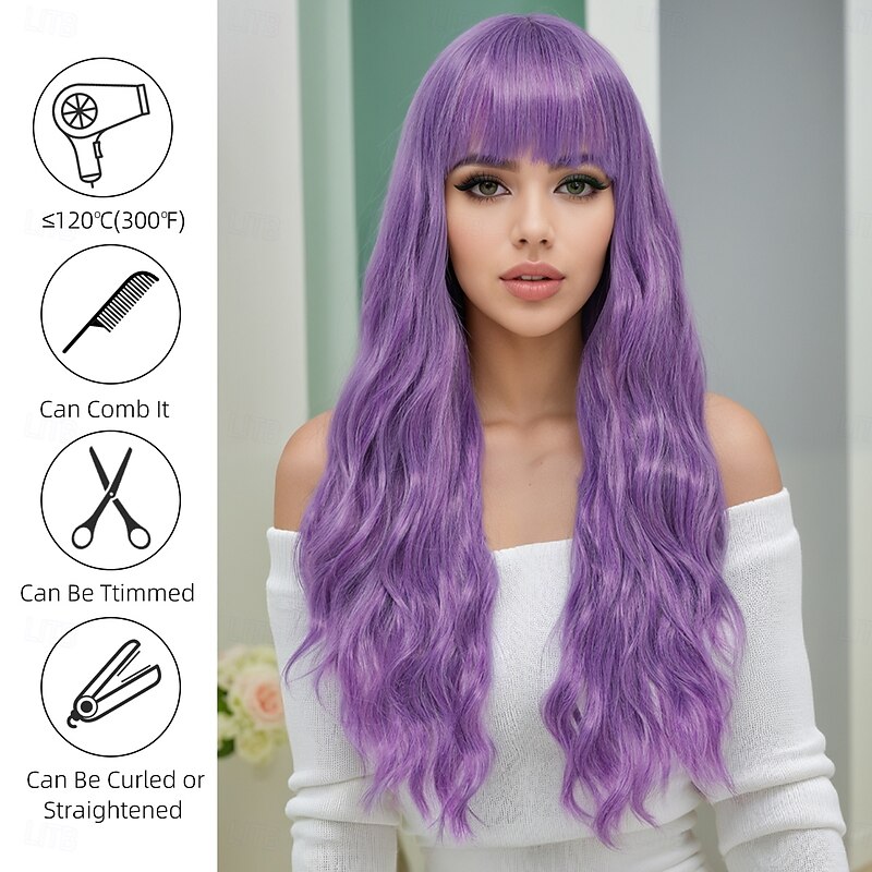 Synthetic Wig Wavy Deep Wave Neat Bang With Bangs Machine Made Wig 28 inch A1 Synthetic Hair Women's Soft Classic Comfortable Purple3