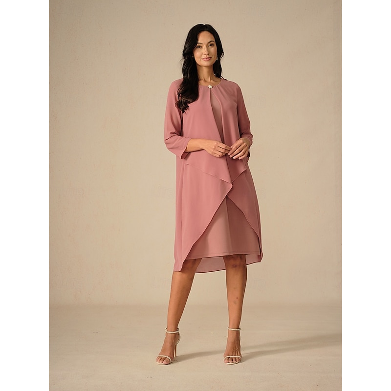 Women's Midi Dress A Line Dress Chiffon Party Birthday Cocktail Wedding Guest Cocktail Party Regular Fit Solid Color 3/4 Length Sleeve Crew Neck Pink Summer2