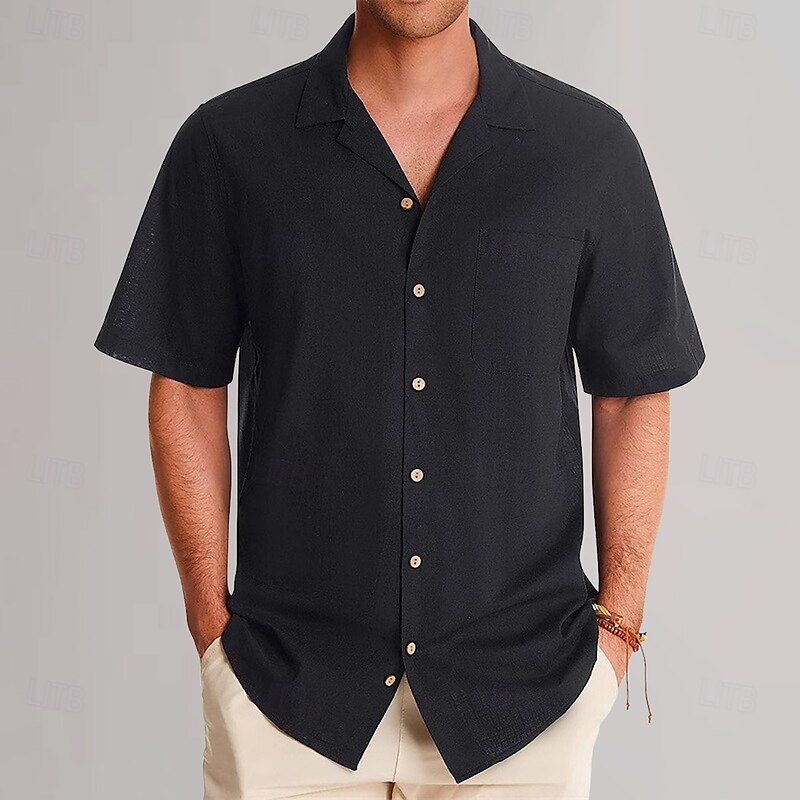 Men's Casual Shirt Plain Vacation Black Dark Navy Green Khaki Short Sleeve Lapel Summer Clothing Apparel3
