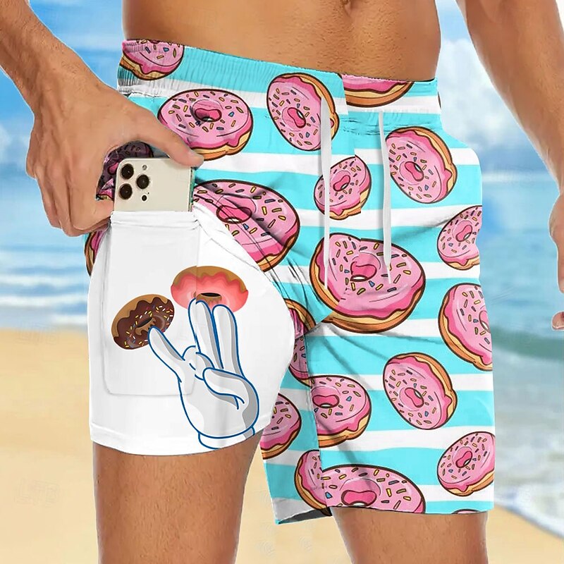 Men's Novelty Donuts Lined Shorts 2 in 1 Board Shorts Swim Shorts Mid Waist Hawaiian Vacation Holiday Beach Wear Side Pockets With Compression Liner Elastic Drawstring Waist Designer Clothing Apparel3