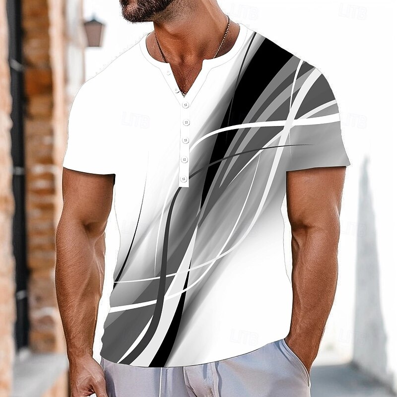 Men's Geometric Pattern Abstract T Shirt Henley Shirt Short Sleeve Sports Fashion Designer Outdoor Street Casual Summer All Seasons Grey Green Henley Henley T-Shirt