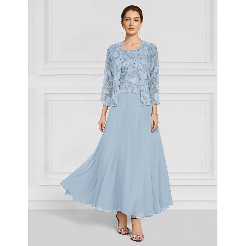 Two Piece Floral Dress Sets Mother of the Bride Elegant Crew Neck Ankle Length Chiffon Long Sleeve with Lace Embroidery4
