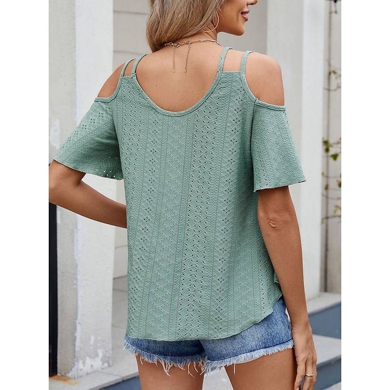 Women's Shirt Blouse Solid Color Stylish Casual Short Sleeve Strap Regular Tops Daily Eyelet Sage Green Black White Pink Sky Blue Summer4