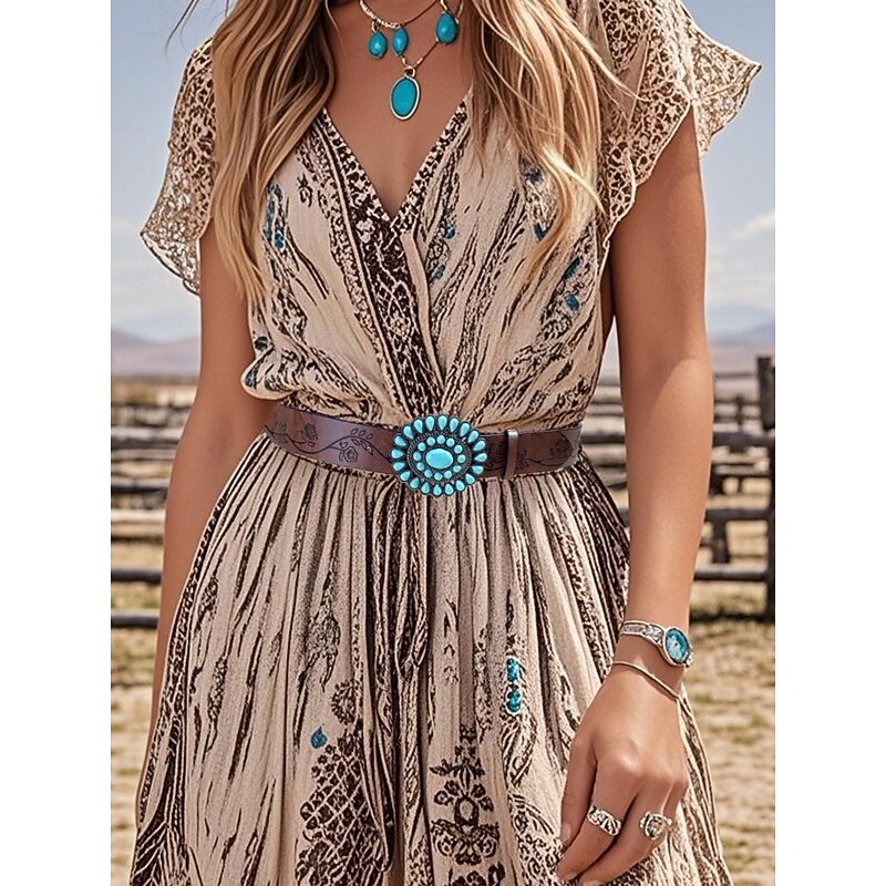 Women's Western Turquoise Concho Belt – Floral Engraved Faux Leather Waist Belt for Rodeo, Festivals, Boho Outfits & Casual Wear4