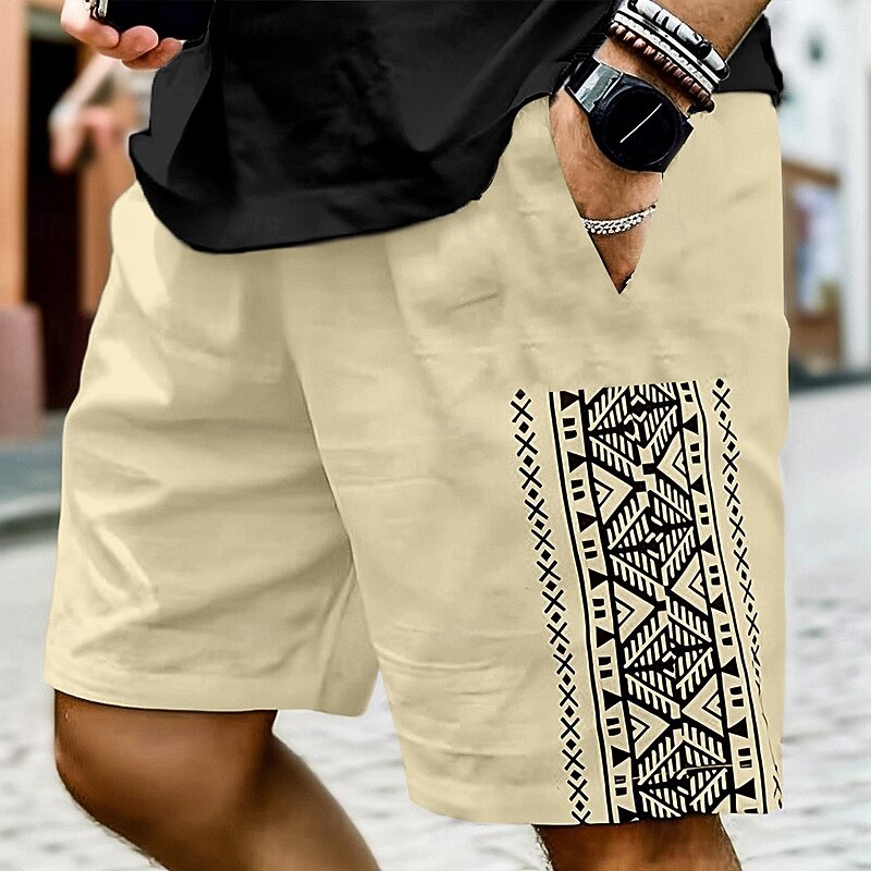 Men's Shorts Linen Shorts Summer Shorts Beach Shorts Drawstring Elastic Waist Print Geometric Comfort Breathable Knee Length Outdoor Casual Daily Vacation Hawaiian White Green Micro-elastic3
