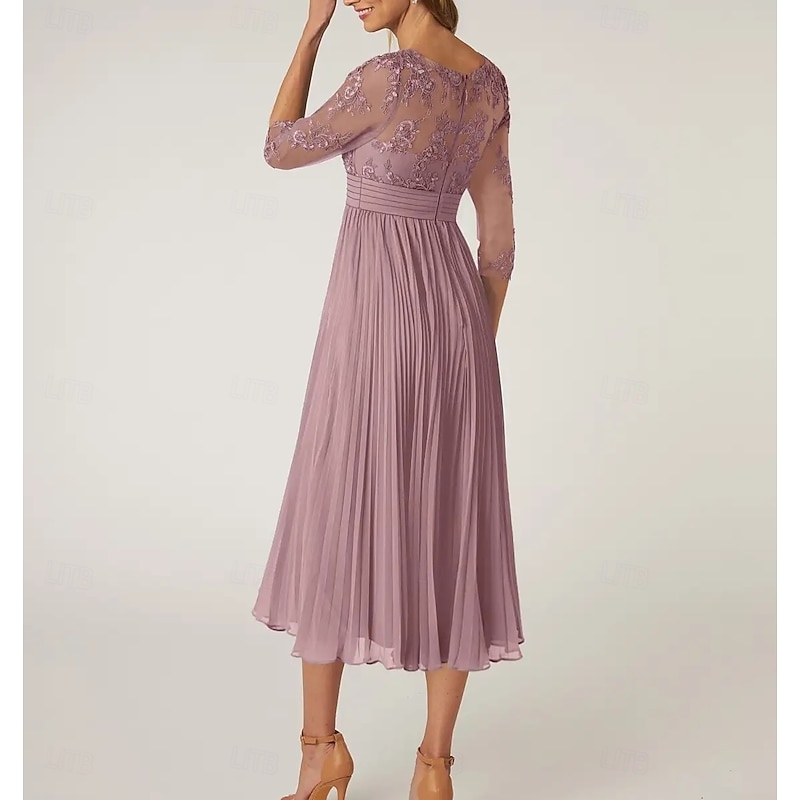 A-Line Mother of the Bride Dress Wedding Guest Elegant Crew Neck Tea Length Chiffon Lace 3/4 Length Sleeve with Lace Pleats4