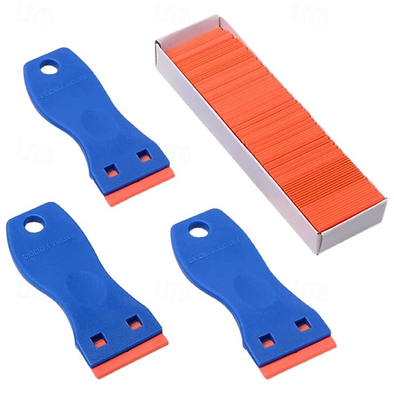 Plastic Razor Blade Scraper and 100 Pcs Blades, Remove Label Decal Tool,Forwithout Scratches Plastic Razor Blade Scraper, Adhesive Remover for Kitchen Appliances,Stickers and Paints on Window