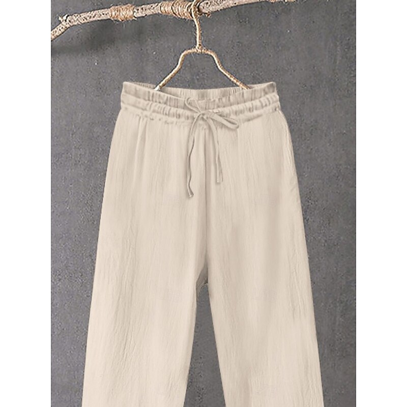 Women's Cotton Linen Wide Leg Solid Color Chinos Baggy Pants Basic Casual Full Length High Waist Plain Drawstring Comfort Outdoor Micro-elastic Vacation Street Daily Black White Blue Khaki2