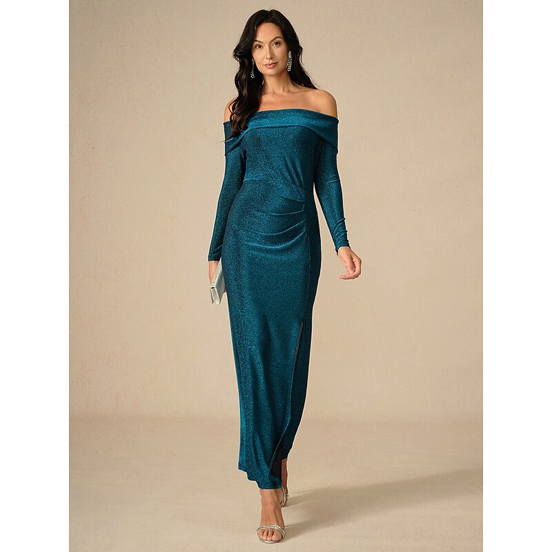 New Year Women's Maxi Dress Bodycon Dress Elegant Party Formal Wedding Party Slim Solid Color Long Sleeve Off Shoulder Dark Green Spring Fall Winter3