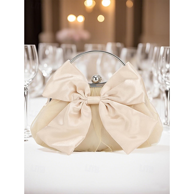 Women's Satin Bow Evening Clutch Bag – Elegant Pearl Frame Handle Purse for Brides, Weddings, Cocktail Parties and Formal Events Silver Black White