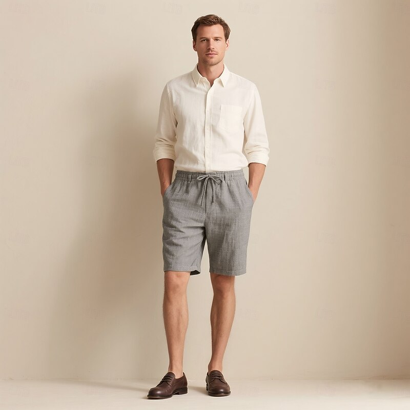 Men's Linen Shorts Solid Color Above Knee Daily Vacation Ethnic Style Blue Khaki