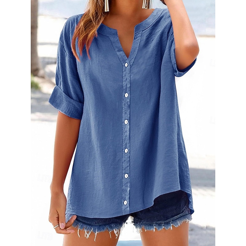 Women's Cotton Blouse Solid Color Elegant Casual Short Sleeve V Neck Regular Tops Daily Holiday Buttons Black Blue Purple Green Beige Summer Spring2