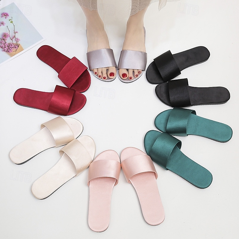 Women Satin Slide Flat Open Toe Soft Slip on Silky Slide Sandal House Slipper