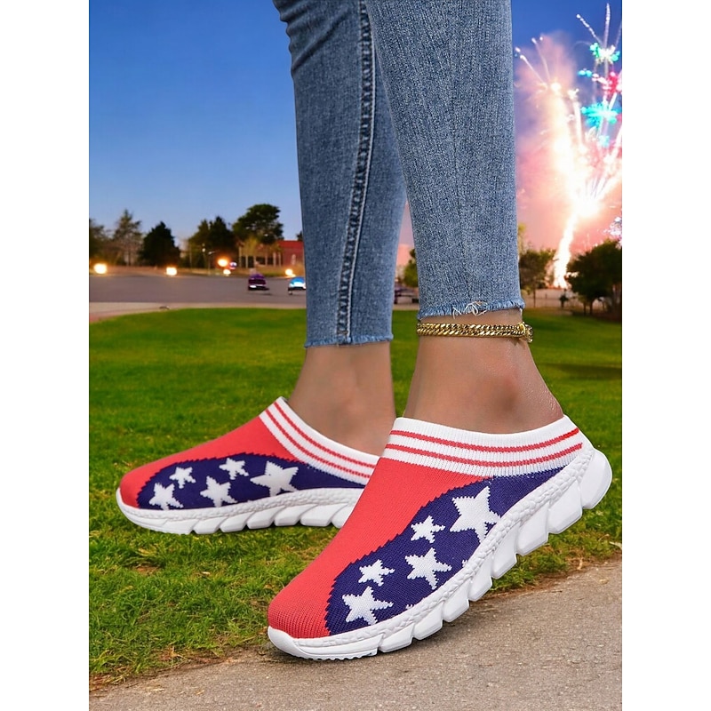 Women's Patriotic Flag Print Knit Sneakers – Slip-On Casual Walking Shoes for Independence Day, Festivals & Everyday Outfits