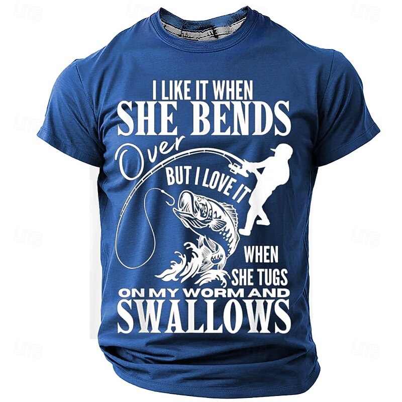 Humorous Fishing Graphic T-Shirt for Men - Funny 'She Tugs On My Worm and Swallows' Double Entendre Short Sleeve