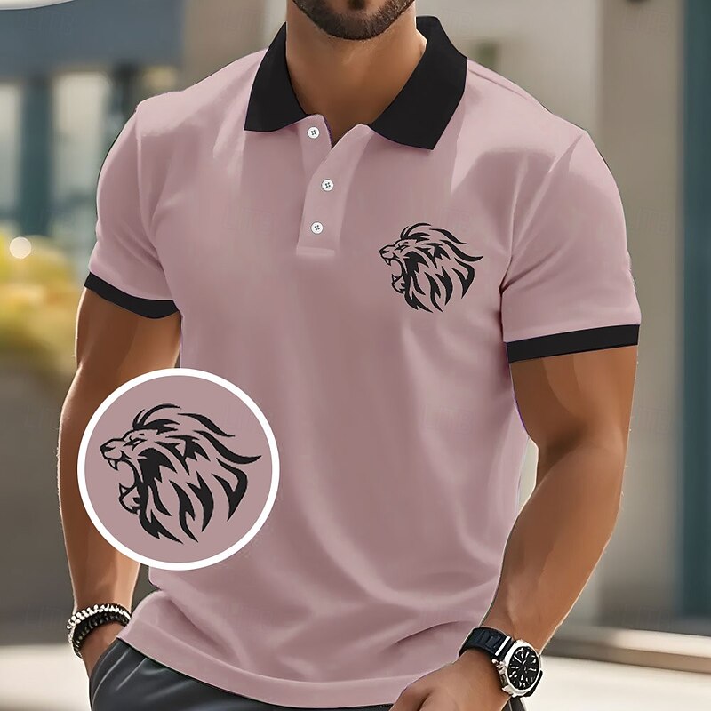 Men's Animal Lion Polo Short Sleeve Polo Shirts Collared Shirts Casual School Outdoor Athleisure Daily Wear 3D Print Summer White Pink Blue4