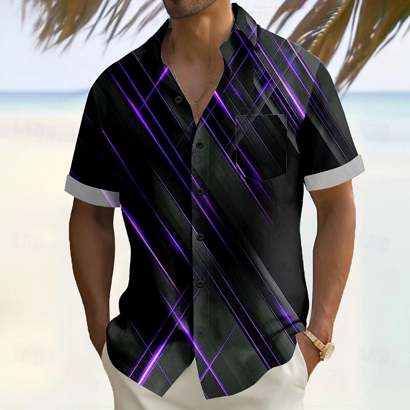 Men's Geometric Striped Gradient Color Shirt Summer Shirt Button Up Shirt Short Sleeve Fashion Casual Vacation Holiday Streetwear Summer Turndown 3D Print Front One Pocket Linen Like Shirt Yellow4