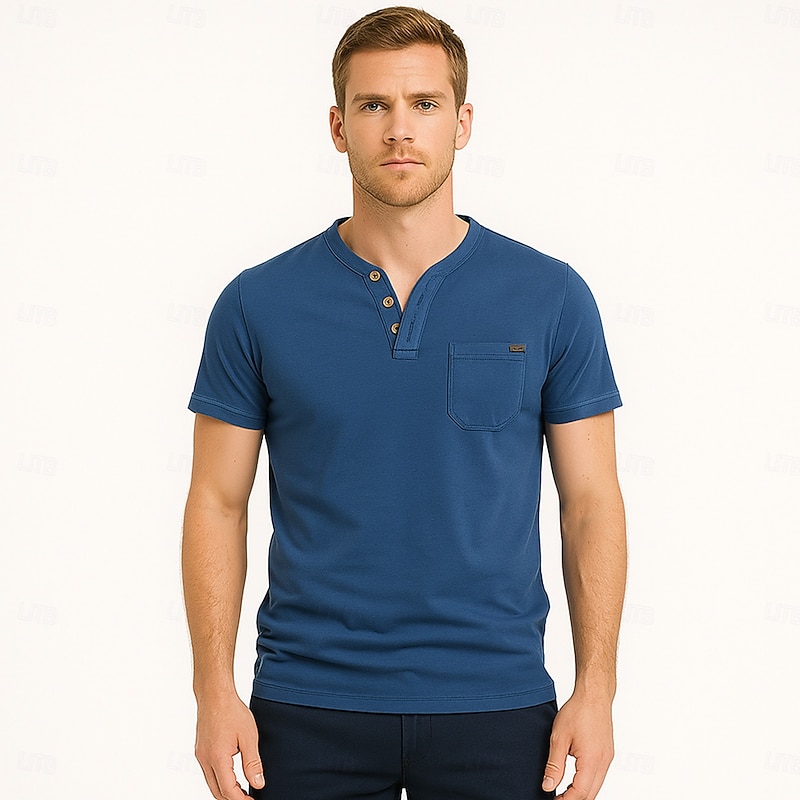 Men's T Shirt Short Sleeve V Neck Summer All Seasons Solid Color Daily Casual Daily Casual Pocket V Neck Vacation Causal Casual Light Blue Black White Top Tee for Men