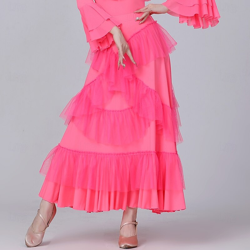 Latin Dance Skirts Pure Color Splicing Tulle Women's Performance Training High Polyester Tulle4