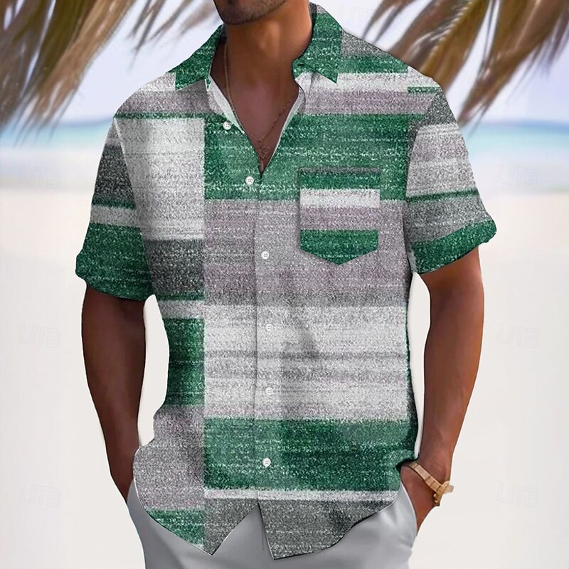 Men's Geometric Patchwork Grid / Plaid Shirt Casual Shirt Button Up Shirt Short Sleeve Fashion Casual Vacation Dailywear Holiday Summer Spring Turndown 3D Print Collared Shirts Front One Pocket Light3
