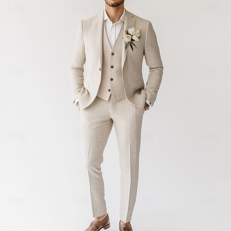 Men's Wedding Linen Suits Notch Lapel Beige Fashion Formal Solid Colored Standard Fit 3 Piece Single Breasted One-button2
