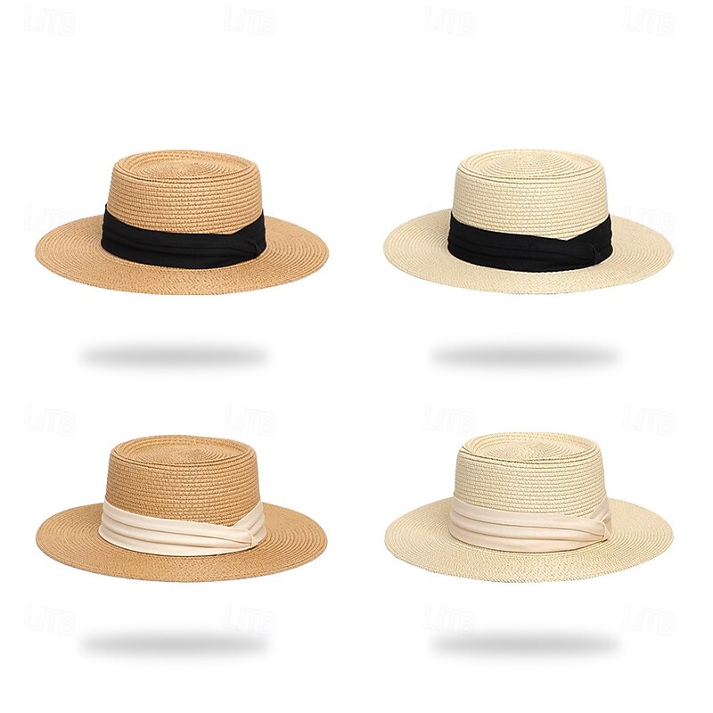 Retro Vintage 1950s Braid Sun Hat Ribbon Fancy Dress Women's Vacation Beach Adults' Hat Summer3