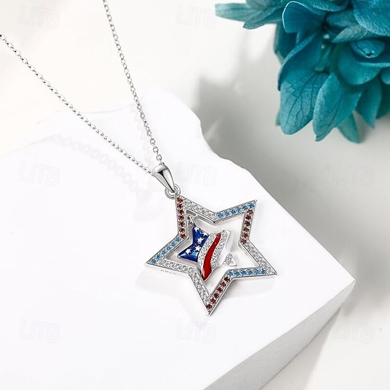 American Flag Necklace Sterling Silver 4th of July Stars Pendant Necklace Patriotic Jewelry Gifts for Women4