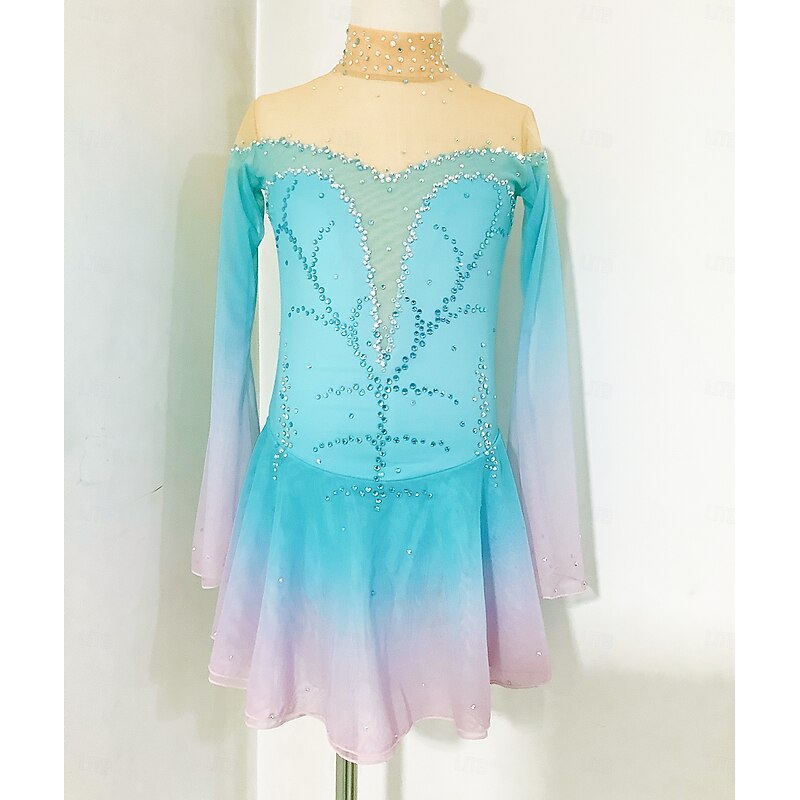 Figure Skating Dress Women's Girls' Ice Skating Dress Pink Green Patchwork Open Back Mesh Spandex Stretchy Training Practice Professional Skating Wear Thermal Warm Classic Crystal / Rhinestone Long2