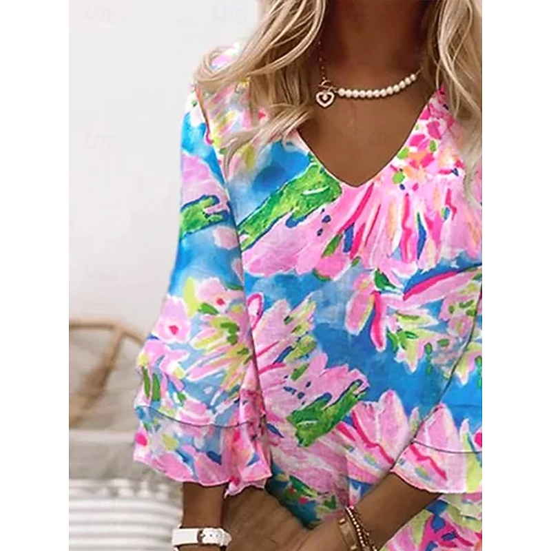 Women's Mini Dress Sundress A Line Dress Vacation Casual Boho Beach Regular Fit Ombre Floral Graphic 3/4 Length Sleeve V Neck Colourful Pink Sky Blue Ink Blue Summer Spring2