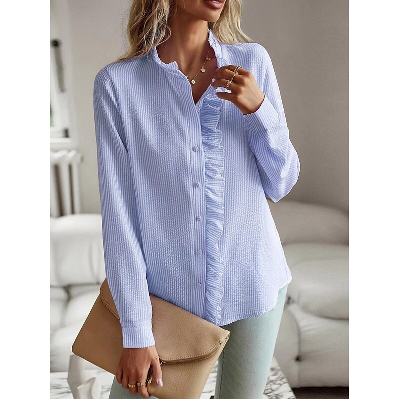 Women's Shirt Button Down Blouse Stylish Casual Long Sleeve Shirt Button Down Blouse Collar Regular Tops Daily Ruffle Buttons Print Black White Pink Light Blue Summer Spring2