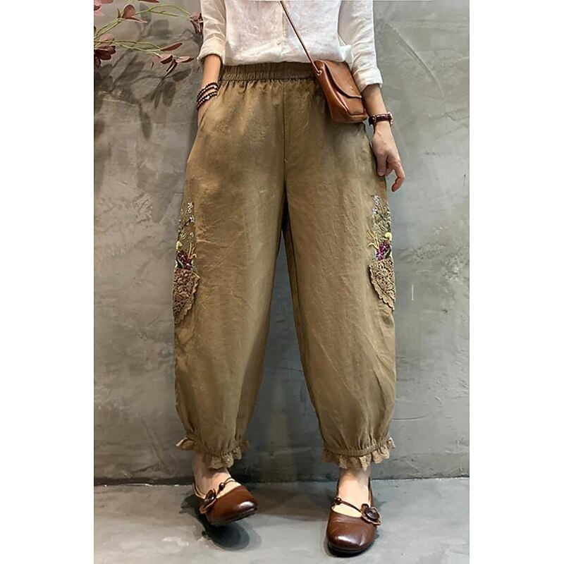 Women's Cotton Linen Pants Slacks Fashion Streetwear Full Length Natural Floral Embroidered Pocket Elastic Waist Comfy Breathability Outdoor Street Going out Apricot Green Khaki Summer Regular Fit4
