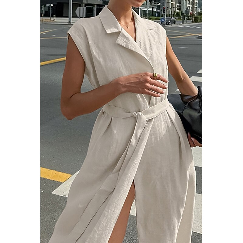 Women's Midi Dress Shirt Dress Cotton Linen Dress Modern Daily Going out Weekend Regular Fit Plain Sleeveless Shirt Collar Khaki Summer
