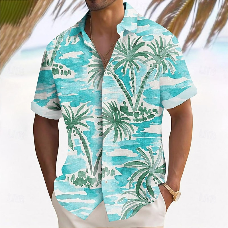 Men's Coconut Tree Tropical Plants Casual Shirt Summer Hawaiian Shirt Button Up Shirt Short Sleeve Hawaiian Vacation Holiday Beach Wear Summer Spring Turndown 3D Print Linen Like Shirt Blue