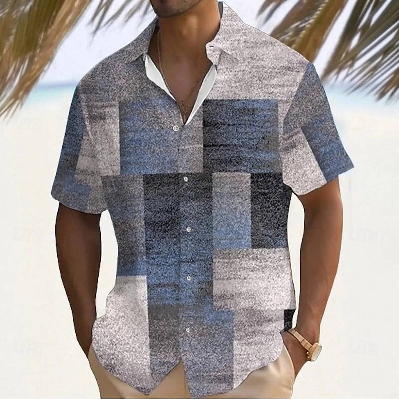 Men's Geometric Color Block Patchwork Shirt Summer Shirt Button Up Shirt Short Sleeve Fashion Casual Outdoor Vacation Dailywear Summer Turndown 3D Print Linen Like Shirt Blue Purple2