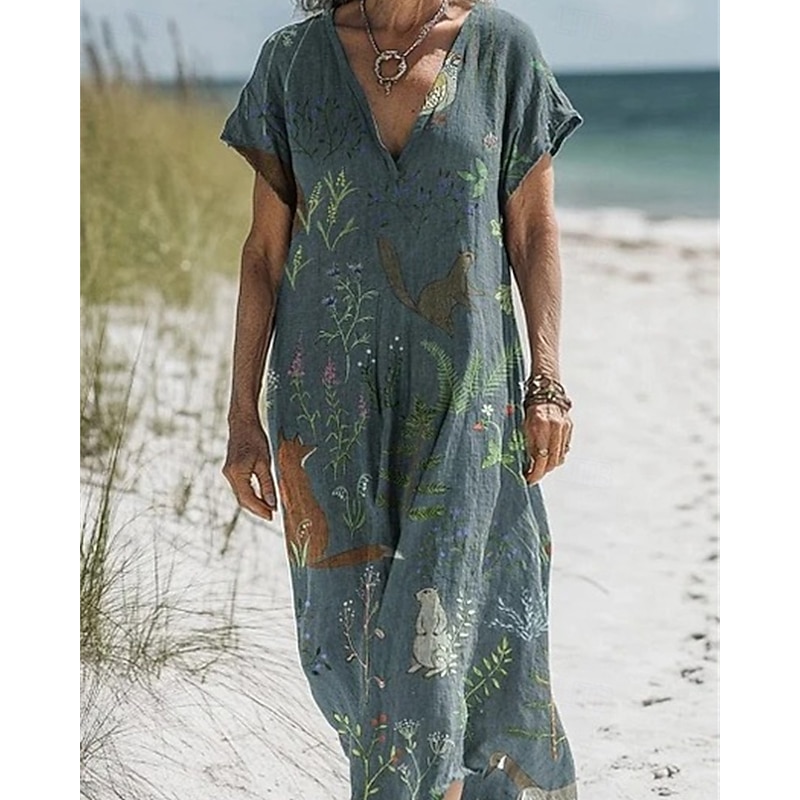 Women's Long Dress Maxi Dress Cotton Linen Dresses Casual Dress Boho Dress Western Dress Fashion Outdoor Party Holiday Regular Fit Flower Short Sleeve V Neck Blue Green Dark Blue Light Blue Summer2
