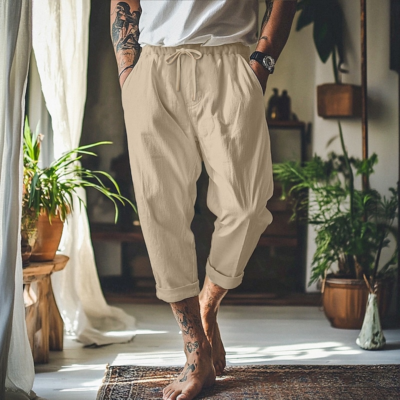 Men's Linen Pants Trousers Summer Pants Baggy Pants Beach Pants Front Pocket Pleats Straight Leg Plain Comfort Breathable Full Length Outdoor Vacation Party Vacation Fashion Loose Fit Black White