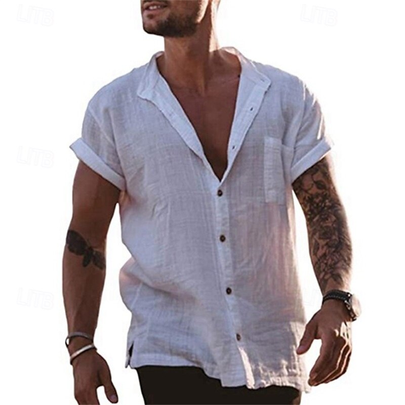 Men's Shirt Summer Shirt Casual Shirt Beach Shirt Button Up Shirt White Sky Blue Gray Short Sleeve Plain Stand Collar Vacation Hawaiian Clothing Apparel Fashion Casual Comfortable3