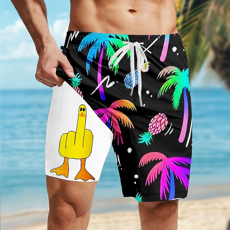 Men's Coconut Tree Funny Duck Lined Shorts 2 in 1 Board Shorts Swim Shorts Mid Waist Hawaiian Beach Vacation Wear Side Pockets With Compression Liner Elastic Drawstring Waist Designer Clothing Apparel
