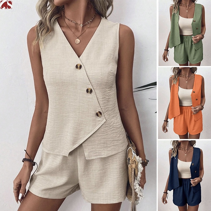 Women's Streetwear Daily Blouse Shorts Sets Sleeveless V Neck Solid Color Dubbele Rij Knopen Outdoor Vacation Light Green Dark Navy Orange Summer Regular Fit