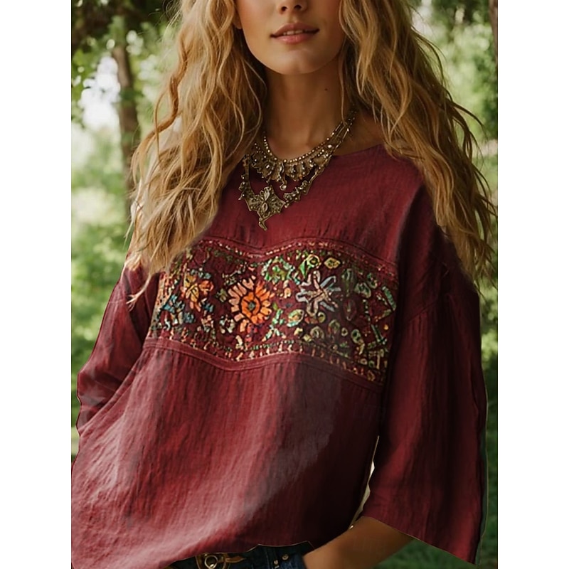 Women's Blouse Long Sleeve Floral Graphic Bohemia Daily Ethnic 3/4 Length Sleeve Crew Neck Boat Neck Regular Tops Daily Holiday Vacation Wear Print Black Red Orange Beige Summer Spring3