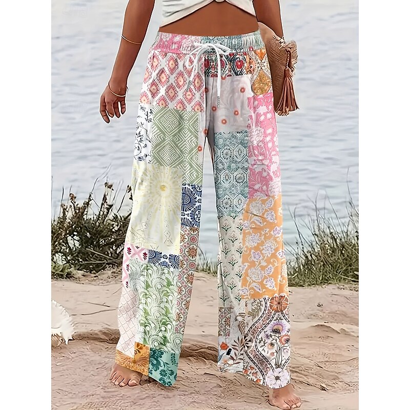 Women's Wide Leg Chinos Baggy Pants Vacation Vintage Fashion Full Length High Waist Graphic Geometric Paisley Printing Micro-elastic Formal Vacation Street Pink Blue Purple Green Summer Spring
