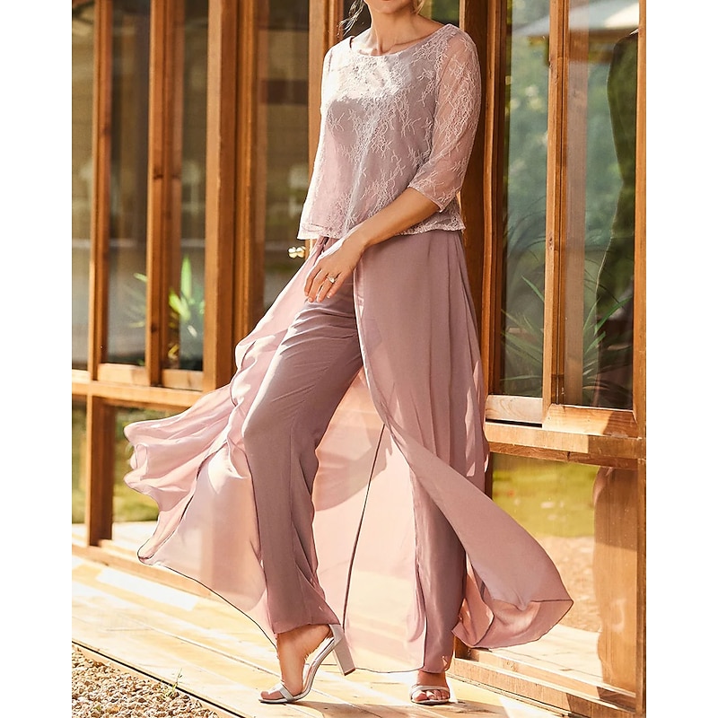 Jumpsuit Mother of the Bride Jumpsuit Elegant Simple Minimalist Crew Neck Floor Length Chiffon Half Sleeve with Lace3