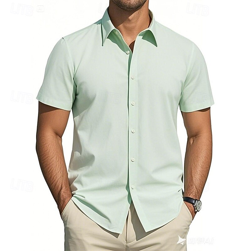 Men's Shirt Dress Shirt Button Up Shirt Plain Wedding Party Black White Light Green Pink Short Sleeve Lapel Summer Clothing Apparel - Main Image