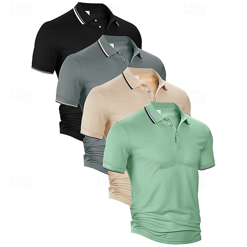 Multi Packs 4pcs Men's Lapel Short Sleeves Black+White+Grey+Light Blue Button Up Polos Golf Shirt Golf Polos Shirts Buttons Plain Vacation Daily Wear Polyester Summer2