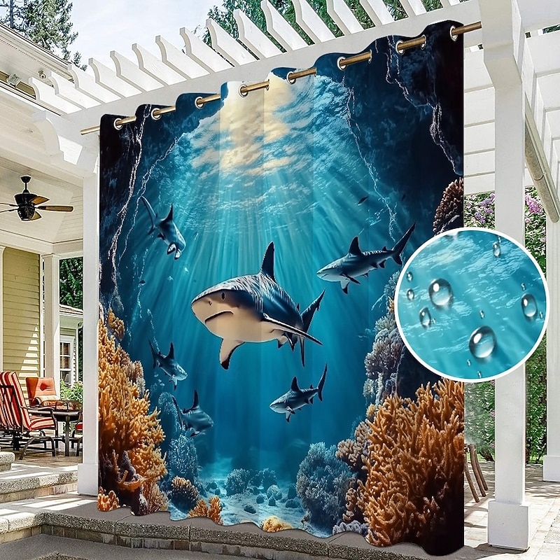 Waterproof Outdoor Curtain Privacy, Sliding Patio Curtain Drapes, Pergola Curtains Grommet 3D Ocean Sharks Landscape For Gazebo, Balcony, Porch, Party, 1 Panel