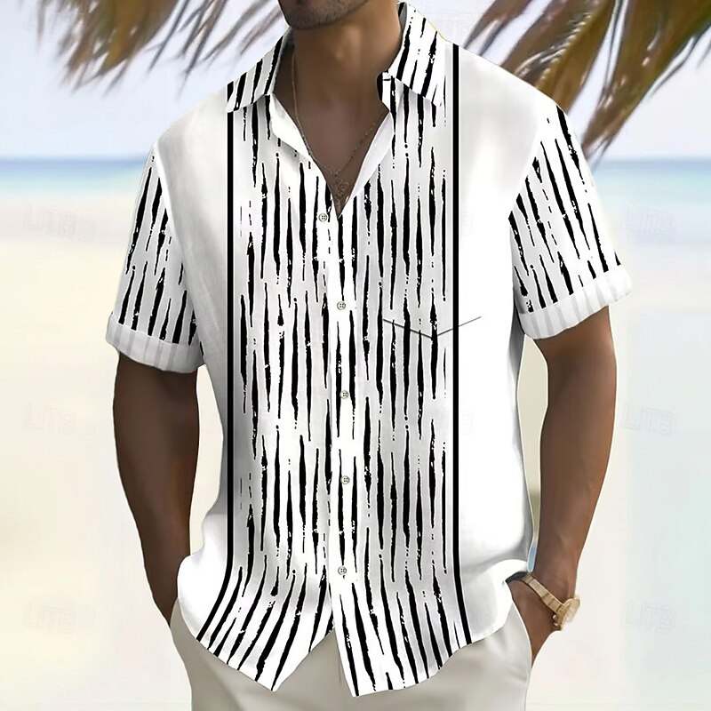 Men's Geometric Striped Shirt Casual Shirt Button Up Shirt Short Sleeve Fashion Casual Vacation Holiday Streetwear Summer Turndown 3D Print Front One Pocket Linen Like Shirt White