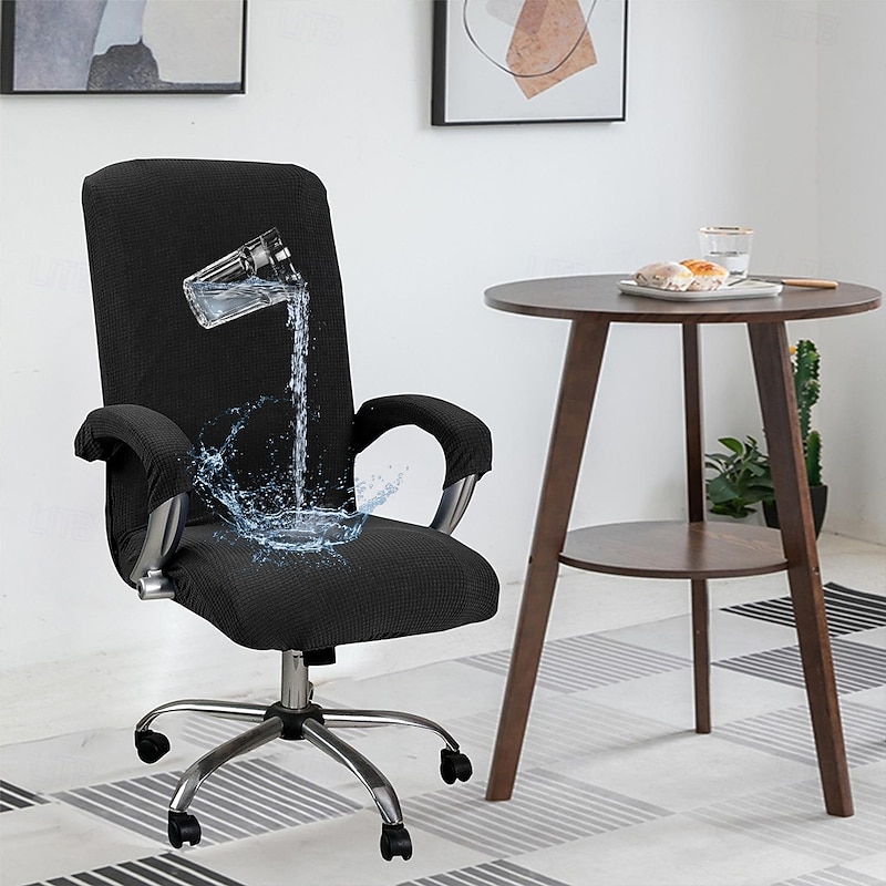 Waterproof Computer Office Chair Cover Stretch Rotating Gaming Seat Slipcover Elastic Corn Fleece Black Solid Color Soft Durable Washable